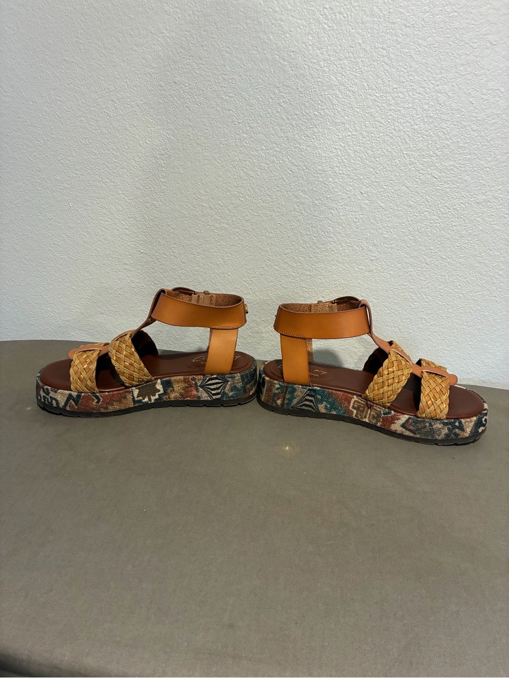 Circus by Sam Edelman Tan and Mustard Woven Platform Sandals with Ankle Buckle - Picture 6 of 7